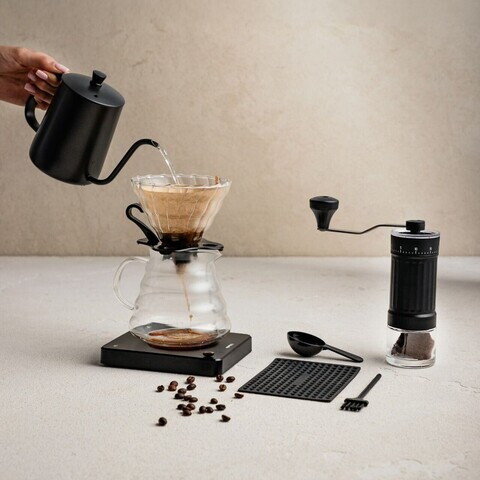 Set 7 piese pentru preparare cafea pour-over Kavera, Homla, inox/sticla/plastic, negru/transparent