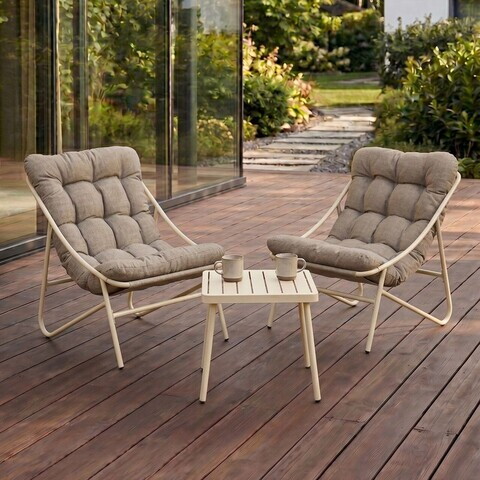 Set 2 fotolii si masuta pentru gradina / terasa Tivoli, Homla, 65.5x85x95 / 43x42 cm, metal/olefina, bej