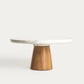 Platou cu picior pentru tort Marble, Homla, 28x13 cm, marmura/lemn, alb/natur