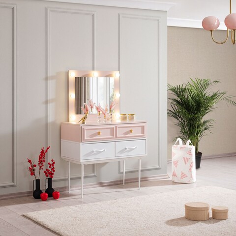Masa de machiaj, Hanah Home, Rosa, 90x81x45 cm, PAL, Roz/Alb