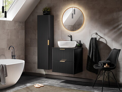 Set mobilier Adel Black Smile 60 cm, dulap inalt, masca cu lavoar si oglinda, Comad, MDF/PAL, negru