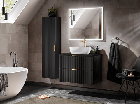 Set mobilier Adel Black Smile 80 cm, dulap inalt, masca cu lavoar si oglinda, Comad, MDF/PAL, negru