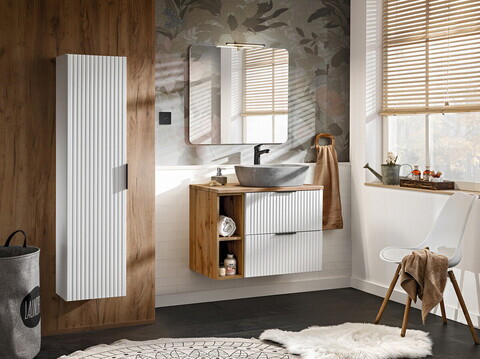 Set mobilier Adel White Wotan Anna, dulap inalt, masca cu lavoar si oglinda cu LED, Comad, alb/stejar