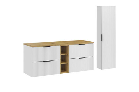 Set mobilier baie Adel White Artisan 140 cm HC, dulap inalt si masca dubla lavoar, Comad, MDF/PAL, alb mat/stejar