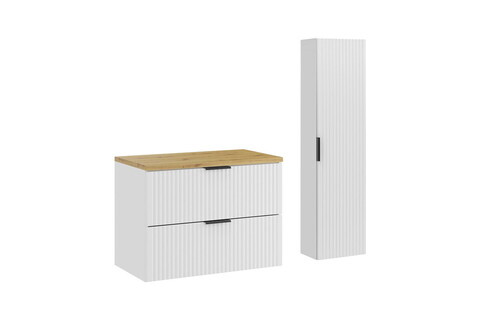 Set mobilier baie Adel White Artisan 80 cm HC, dulap inalt si masca lavoar, Comad, MDF/PAL, alb mat/stejar