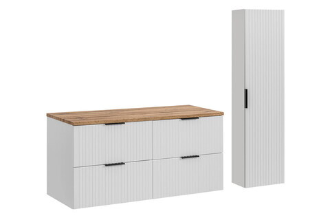 Set mobilier baie Adel White Wotan 120 cm HC, dulap inalt si masca dubla lavoar, Comad, MDF/PAL, alb mat/stejar