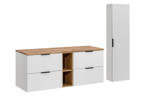 Set mobilier baie Adel White Wotan 140 cm HC, dulap inalt si masca dubla lavoar, Comad, MDF/PAL, alb mat/stejar