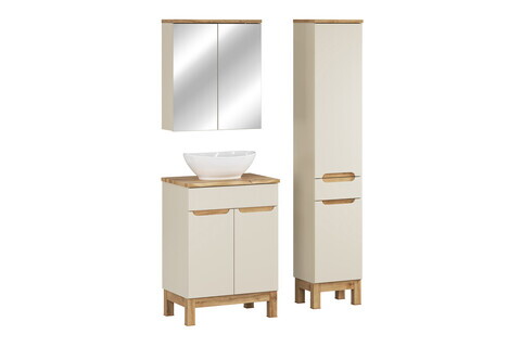 Set mobilier baie Bali Cashmere Wotan 60 cm, dulap inalt, masca cu lavoar si cabinet cu oglinda, Comad, MDF/PAL, casmir