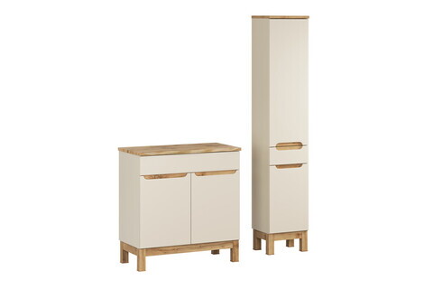 Set mobilier baie Bali Cashmere Natural Wotan 80 cm HC, dulap inalt si masca lavoar, Comad, MDF/PAL, casmir