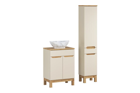 Set mobilier baie Bali Cashmere Wotan Pati 60 cm, dulap inalt si masca cu lavoar, Comad, MDF/PAL, casmir