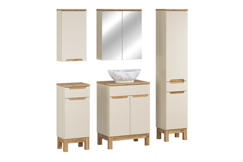 Set mobilier baie Bali Cashmere Wotan Pati 60 cm, dulapuri, masca cu lavoar si cabinet cu oglinda, Comad, MDF/PAL, casmir