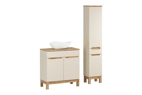 Set mobilier baie Bali Cashmere Wotan 80 cm HC LC, dulap inalt si masca cu lavoar, Comad, MDF/PAL, casmir