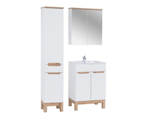Set mobilier baie Bali White Lava 60 cm, dulap inalt, masca cu lavoar si cabinet cu oglinda, Comad, MDF/PAL, alb