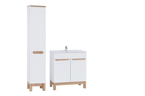 Set mobilier baie Bali White Lava 80 cm 804, dulap inalt si masca cu lavoar, Comad, MDF/PAL, alb