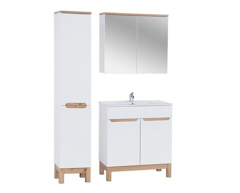 Set mobilier baie Bali White Lava 80 cm 804 841, dulap inalt, masca cu lavoar si cabinet cu oglinda, Comad, MDF/PAL, alb