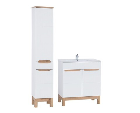 Set mobilier baie Bali White Lava 80 cm 840, dulap inalt si masca cu lavoar, Comad, MDF/PAL, alb