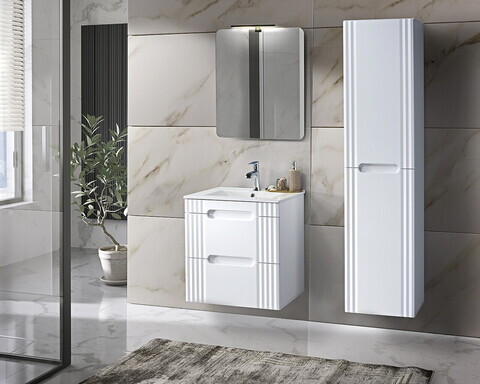 Set mobilier baie Fiji White 60 cm, dulap inalt, masca cu lavoar si oglinda, Comad, MDF/PAL, alb