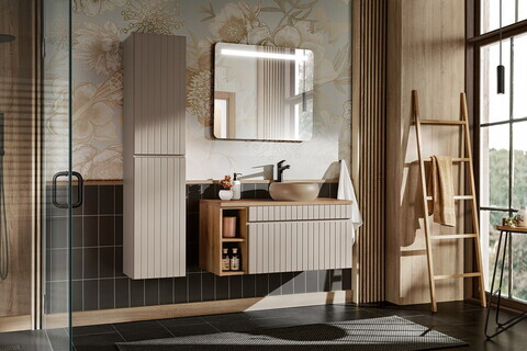 Set mobilier baie Iconic Cashmere 100 cm, dulap inalt, masca cu lavoar si oglinda, Comad, MDF/PAL, casmir