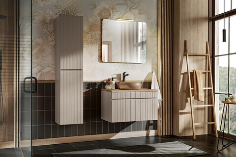 Set mobilier baie Iconic Cashmere 80 cm, dulap inalt, masca cu lavoar si oglinda, Comad, MDF/PAL, casmir