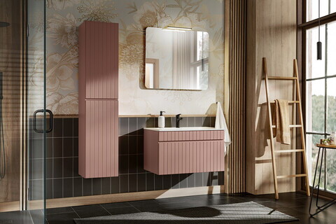 Set mobilier baie Iconic Rose 80 cm, dulap inalt, masca cu lavoar si oglinda, Comad, MDF/PAL, roz