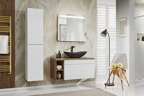 Set mobilier baie Iconic White 100 cm, dulap inalt, masca cu lavoar si oglinda, Comad, MDF/PAL, alb
