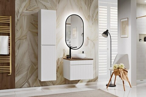 Set mobilier baie Iconic White 60 cm, dulap inalt, masca cu lavoar si oglinda LED, Comad, MDF/PAL, alb