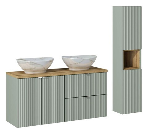 Set mobilier baie Line Reed Green 120 cm, dulap inalt si masca dubla cu lavoar, Comad, MDF/PAL, verde