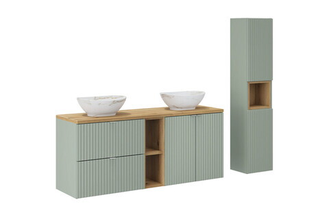 Set mobilier baie Line Reed Green 140 cm, dulap inalt si masca dubla cu lavoar, Comad, MDF/PAL, verde
