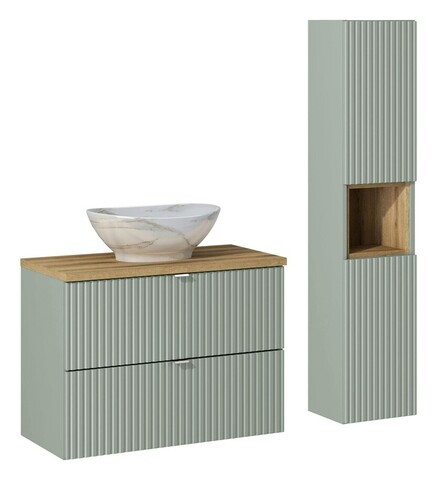 Set mobilier baie Line Reed Green 80 cm, dulap inalt si masca cu lavoar, Comad, MDF/PAL, verde
