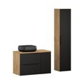 Set mobilier baie Luxor Black 90 cm, dulap inalt si masca cu lavoar, Comad, MDF/PAL, stejar/negru