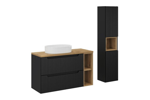 Set mobilier baie Nova Black Beyond 100 cm, dulap inalt si masca cu lavoar, Comad, MDF/PAL, negru/stejar