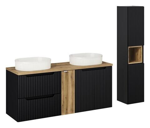Set mobilier baie Nova Black Beyond 140 cm, dulap inalt si masca dubla cu lavoar, Comad, MDF/PAL, negru/stejar