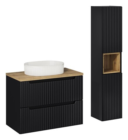 Set mobilier baie Nova Black Beyond 80 cm, dulap inalt si masca cu lavoar, Comad, MDF/PAL, negru/stejar