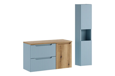 Set mobilier baie Nova Denim 100 cm, dulap inalt si masca lavoar cu cos de rufe integrat, Comad, MDF/PAL, albastru denim