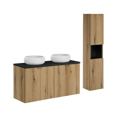 Set mobilier baie Nova Oak 120 cm, dulap inalt si masca dubla cu lavoar, Comad, MDF/PAL, stejar/negru