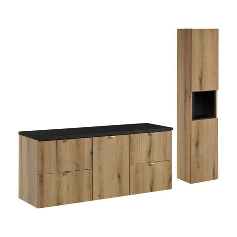 Set mobilier baie Nova Oak 140 cm S HC, dulap inalt si masca dubla lavoar, Comad, MDF/PAL,  stejar/negru