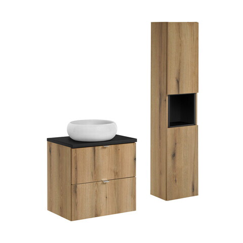 Set mobilier baie, Nova Oak 60 cm S, dulap inalt si masca cu lavoar, Comad, MDF/PAL, stejar/negru
