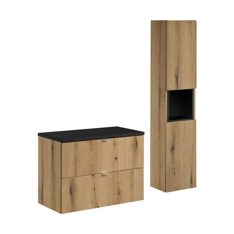 Set mobilier baie Nova Coast Evoke 80 cm S, dulap inalt si masca lavoar, Comad, MDF/PAL, stejar/negru