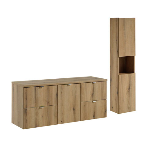 Set mobilier baie, Nova Oak 140 cm, dulap inalt si masca dubla pentru lavoar, Comad, PAL, stejar