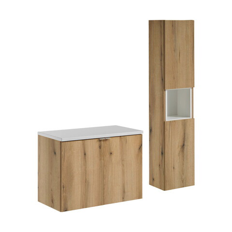 Set mobilier baie Nova Coast Evoke 80 cm D, dulap inalt si masca lavoar, Comad, MDF/PAL, stejar/alb