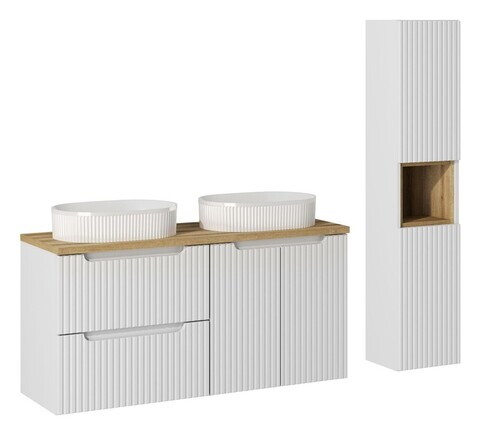 Set mobilier baie Nova White Beyond 120 cm, dulap inalt si masca dubla cu lavoar, Comad, MDF/PAL, alb/stejar