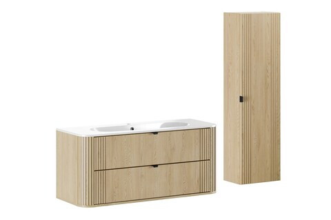 Set mobilier baie, Ovalia Cremona 120 cm, dulap inalt si masca cu lavoar, Comad, MDF/PAL, stejar