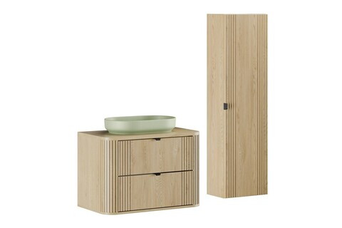 Set mobilier baie, Ovalia Cremona River 80 cm, dulap inalt si masca cu lavoar, Comad, MDF/PAL, stejar