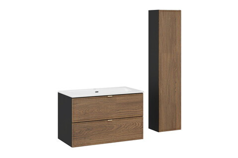 Set mobilier baie Talia Casella 80 cm HC, dulap inalt si masca cu lavoar, Comad, MDF/PAL, stejar/negru mat