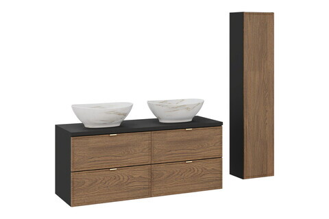 Set mobilier baie Talia Casella 120 cm, dulap inalt si masca dubla cu lavoar, Comad, MDF/PAL, stejar/negru mat