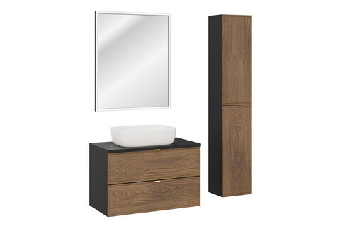 Set mobilier baie Talia Casella 80 cm, dulap inalt, masca cu lavoar si oglinda LED, Comad, MDF/PAL, stejar/negru mat