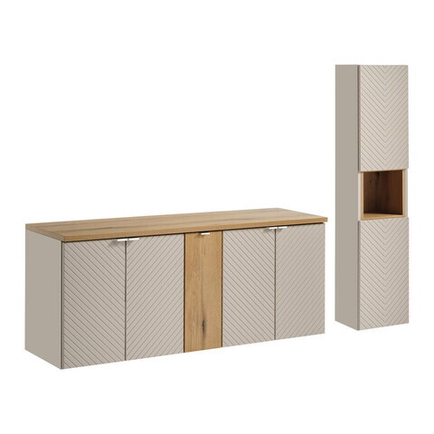 Set mobilier baie Viva Cashmere Lola 140 cm, dulap inalt si masca dubla lavoar, Comad, MDF/PAL, casmir