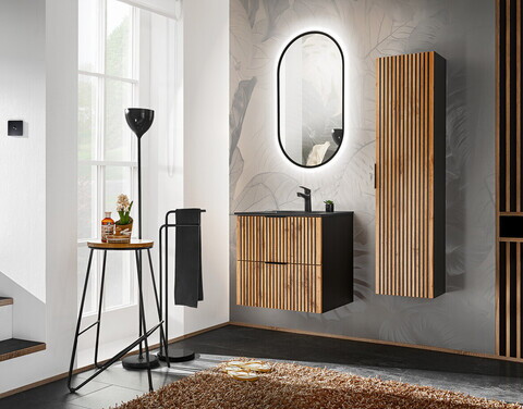 Set mobilier baie Xilo 60 cm, dulap inalt, masca cu lavoar si oglinda LED, Comad, MDF/PAL, negru/stejar