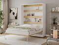 Pat rabatabil vertical cu biblioteca si iluminare LED, 160x200 cm, ELTAP, Devesto, PAL/metal, alb/natur