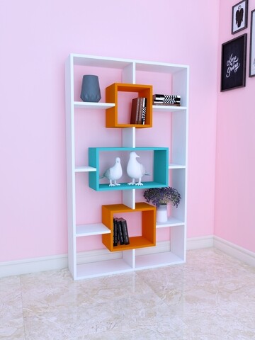 Biblioteca Raffline, 90x22x153.5 cm, PAL, alb/turcoaz/portocaliu